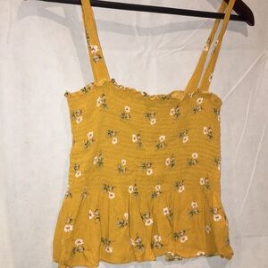 American Eagle Juniors Floral Print Mustard Yellow Spaghetti Strap Top | M